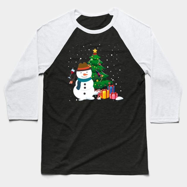 Funny Snowman Drinking Wine Christmas Tree Baseball T-Shirt by maximel19722